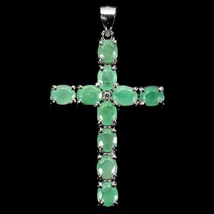 925 Sterling Silver Pendant Oval Emerald 5x4mm Natural Gemstone Cross Jewelry - Picture 1 of 13