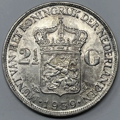 Países Bajos 1939 .720 plata 2,5 florín. Detalle AU, forrado con el pelo. M-811 Foto 1 de 2