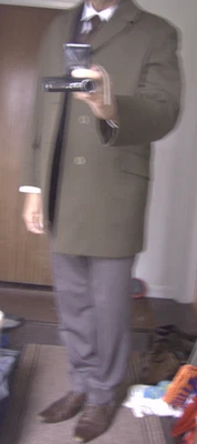 Vintage 1960s Mens 38R CRIMPLENE Olive Pea Suit Over Coat Jacket Washable - Image 1 of 4