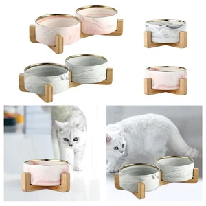 Cat Dog Bowl Dish with Wood Stand Food Container Pet Feeding Dish No Spill - Picture 1 of 8