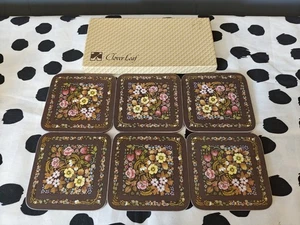 Vintage Cloverleaf Coasters Set Floral x 6 Thelwells Gardening 10.5cm 70s Brown - Picture 1 of 11