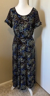 Maxi Vestido Mujer Azul Verde Marrón Cachemira Talla 8 Manga Corta Foto 1 de 4