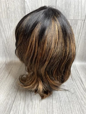 Peluca de salmonete cabello humano negro y castaño rojizo corte de lobo con flequillo 16 pulgadas C24 Foto 1 de 4