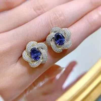 2Ct Oval Cut Simulated Sapphire Women Fancy Stud Earring 14K Yellow Gold Plated - Image 1 of 4