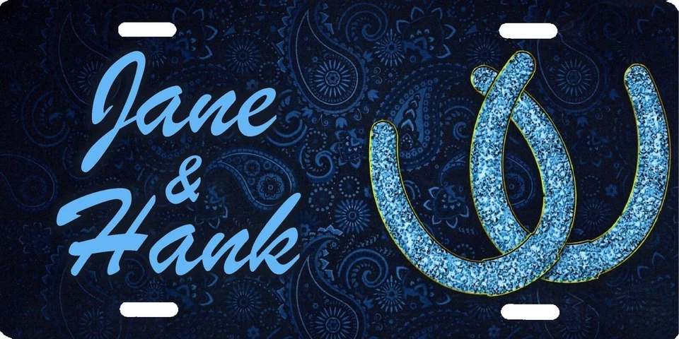 Personalized Custom Horseshoe Cowgirl Teal Filigree Background License Plate NEW - Image 1 of 1