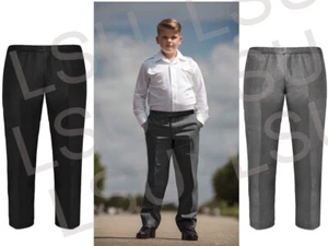 Boys Plus Fit Half Elasticated Generous Waist Sturdy Fit Pull Up School Trousers - Picture 1 of 10