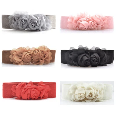 Women Ladies Lace Rose Flower Buckle Stretchy Belt Elastic Dress Waistband - Image 1 of 4
