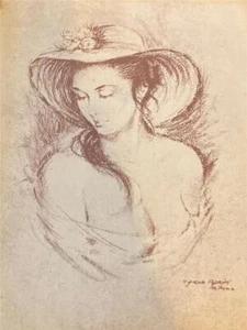 Vintage Nude Print Picture Signed Woman with Hat - Picture 1 of 1