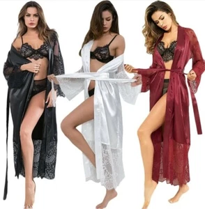 Women 2 pcs Satin Long Robe Gown Lace Sz M Lingerie Kimono Sleepwear bride sexy - Picture 1 of 5