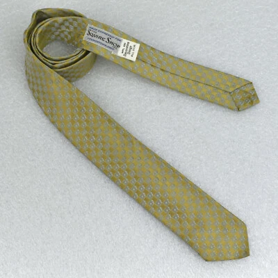 Corbata de cuello de seda delgada geométrica a cuadros dorada y gris de colección de los años 50 diseño Devonshire Foto 1 de 4