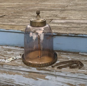 VTG Underwriters Laboratories Glass Hanging Light Fixture Brass Smoky Glass - Picture 1 of 17