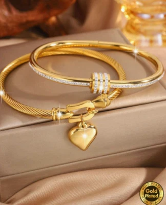 Gold Stainless Steel Charm Bracelet Designer Set of 2 Rhinestones Heart Cable - Image 1 of 4