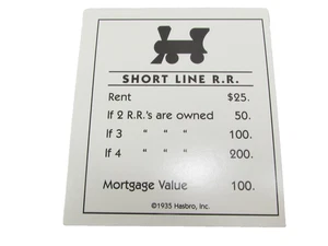 Monopoly 1999 Classic Property Title Deed Card Replacement Short Line R.R. - Picture 1 of 2