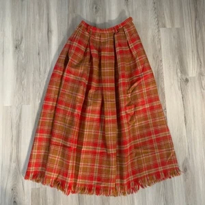 Vintage Lord Taylor Women's Wool Pleated Plaid Long Skirt Small Orange Ripped - Picture 1 of 9