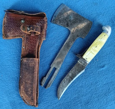 Combo de hacha y cuchillo occidental vintage ~ mango de perla amarilla con funda ~ roca CO Foto 1 de 4