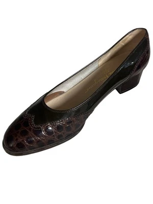Salvatore Ferragamo Vintage 7.5 Marrón Charol Cocodrilo Repujado Bloque Tacón Foto 1 de 4