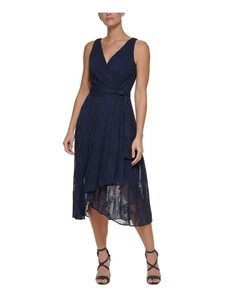 DKNY Womens Navy Tie Belt Lined Sleeveless Faux Wrap Dress Petites 0P - Picture 1 of 9