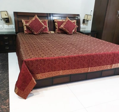 Juego de funda de cojín y almohada para cama Banarasi arte seda tejido brocado granate regalo indio Foto 1 de 4