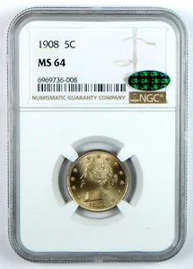 1908 Liberty Head Nickel - NGC MS 64 - CAC - Picture 1 of 3
