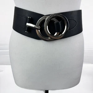 Stretch Fashion Belt Black Silver Vegan Large Buckle S/M Statement Mod 28"-32" - Picture 1 of 9