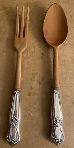 Mid Century Baroque Weighted Sterling Handle Wood Salad Servers 925 France Old - Picture 1 of 5