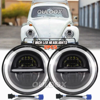 For 1950-1979 VW Beetle Pair 7" Inch Round LED Headlights Hi/Low Beam Halo DRL Foto 1 de 4
