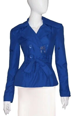 Gabardina Yoki NUEVA CON ETIQUETAS Talla Pequeña Azul Cinturón Doble Pecho Bolsillos Forrada Peplum Foto 1 de 2