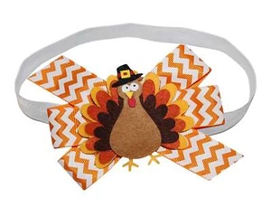 WD2U Baby Girls 4.5" Pilgrim Tom Turkey Thanksgiving Hair Bow Stretch Headband - Picture 1 of 2