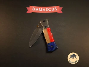 Custom Handmade Damascus Steel Folding Pocket Knife -LONE STAR HANDLE-FLAG - Picture 1 of 7