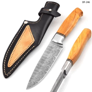 White Deer Custom Made Damascus Hunter Knife w/ Burl-Wood Handle - Picture 1 of 5
