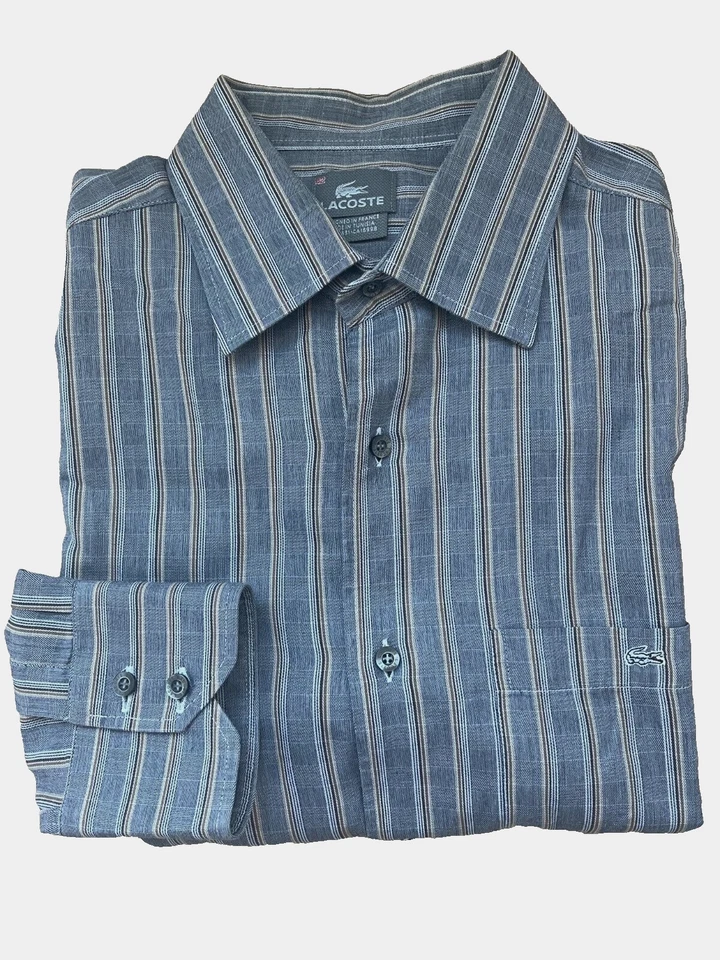 Camisa de vestir LACOSTE para hombre manga larga a rayas negra/gris/marrón con botones talla 42L Foto 1 de 4