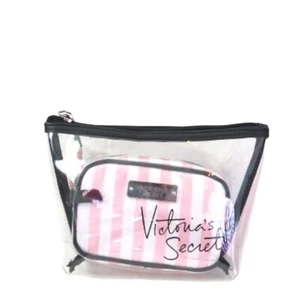 Victoria's Secret BEAUTY Pink & White Stripe Duo Cosmetic Makeup Bag Set - Imagen 1 de 2