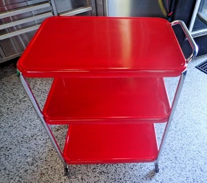 Vintage RED Cosco 3 Tier Metal Rolling Kitchen Bar Cart Serving Cart Mid Century - Picture 1 of 24