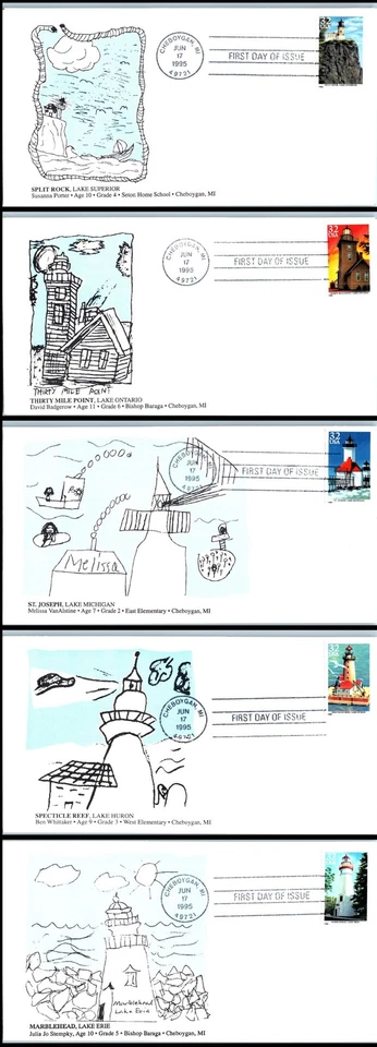 1995 Lighthouses Booklet Set Sc 2969-2973 FDC with Cheboygan MI children cachets - Image 1 of 4
