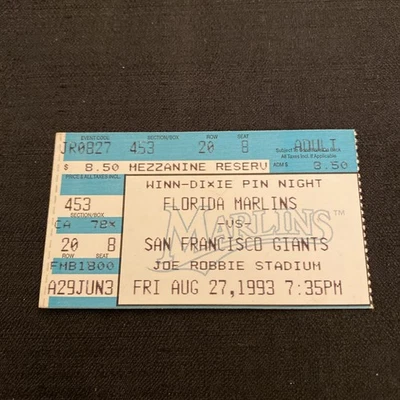 FLORIDA MARLINS VS SAN FRANCISCO GIANTS AUG. 27, 1993 TICKET STUB!! BARRY BONDS - Image 1 of 2