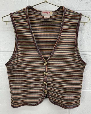 VTG 80s energie bi currants Rainbow Blanket Festival Hippie Boho Button Vest S - Image 1 of 4