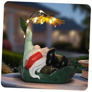 Solar Powered Gnome Garden Statue - Resin Gnome on Green Leaf with Large - Picture 1 of 7