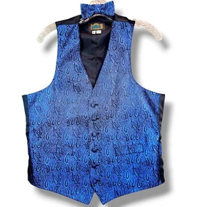 Gilet smoking vintage Paisley + papillon abbinato uomo taglia S 38 blu Broadway Tuxmakers - Foto 1 di 11