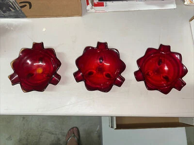 Set Of 3 Vintage Ruby Red Glass Round Scalloped Edge 3 Footed Ashtray - Image 1 of 4