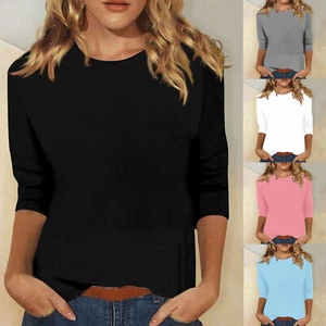 HOT WOMENS 3/4 SLEEVES ROUND NECK PLAIN T-SHIRTS FITTED TEE TOPS BLOUSE UK SIZE - Picture 1 of 34
