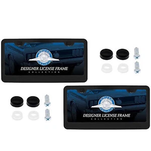 Black Metal Two Hole Car Truck Universal License Plate Frame Pair w/ Screws Kit - Picture 1 of 4