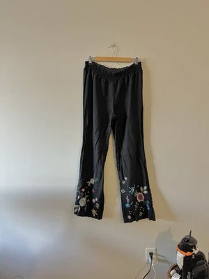 Pantalón Palazzo Johnny Was JWLA Martine Bordado Alta Ranura Boho Negro S Lino Foto 1 de 4
