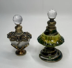 Lot Of 2 VTG Glass Perfume Bottles W/ Brass & Rhinestone Accents One Dragonfly & - Picture 1 of 18