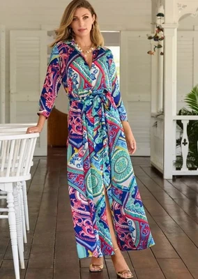 Boston Proper Luxe Tiles Charmeuse  Maxi Shirt Dress LARGE Belt Long Sleeve - Image 1 of 4