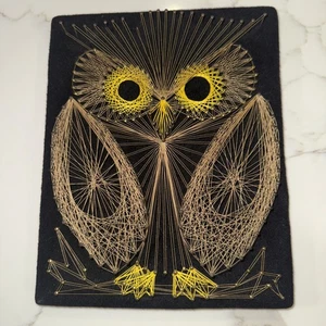 OWL String Art On Felt Yellow Sitting On A Twig Vintage 10x8 - Picture 1 of 6