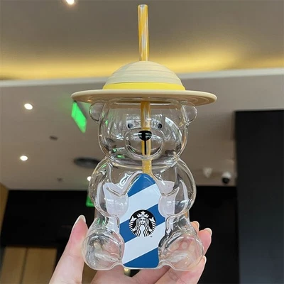 New Starbucks Korea 2022 Summer Yellow Hat Bear 473ml Glass Straw Cup Tumbler！ - Image 1 of 4