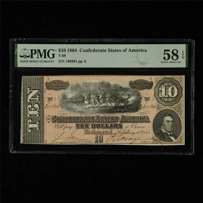 1864 Confederate States of America 10 Dollars PMG 58 EPQ Choice About UNC - Image 1 of 4