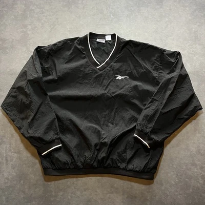 Vintage Reebok Jacket Mens XXL Black Windbreaker Pullover Nylon Logo V Neck 90s - Image 1 of 4