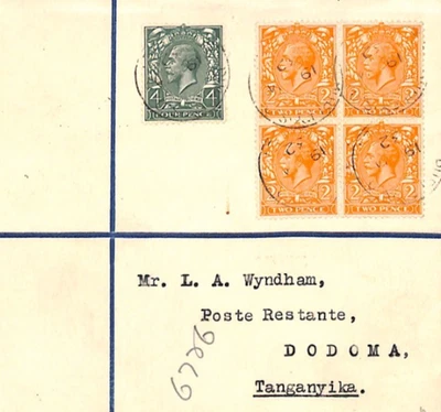 GB Air Mail KGV 2d BLOCK 4d Croydon Registered Cover TANGANYIKA *Dodoma* XF150 - Image 1 of 4
