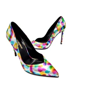 YSL Saint Laurent Paris Mettalic Silver Leather Heels Pumps Shoes EU 37.5 - Picture 1 of 10